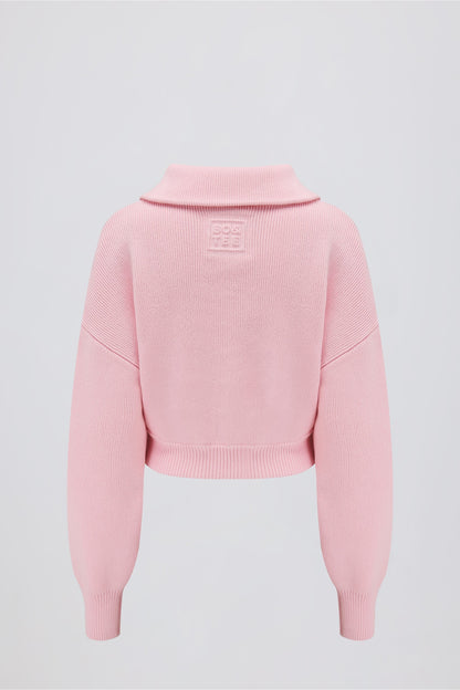 Ribbed Knit Zip-Up Cropped Sweatshirt in Pale Pink