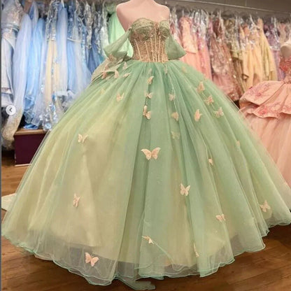 Ball Gown Sage Green Tulle Quinceanera Dress With Butterflies