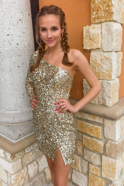 Black Bodycon One-Shoulder Sequins Mini Party Dresses