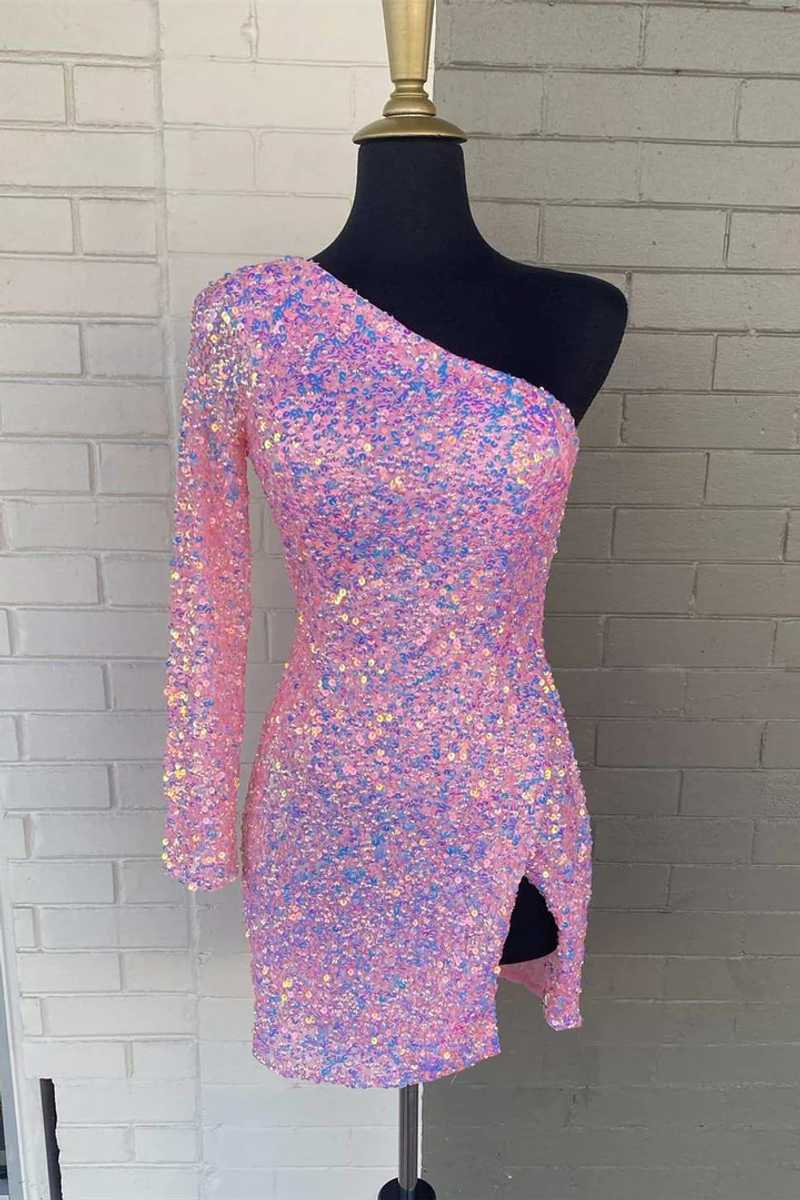 Black Bodycon One-Shoulder Sequins Mini Party Dresses