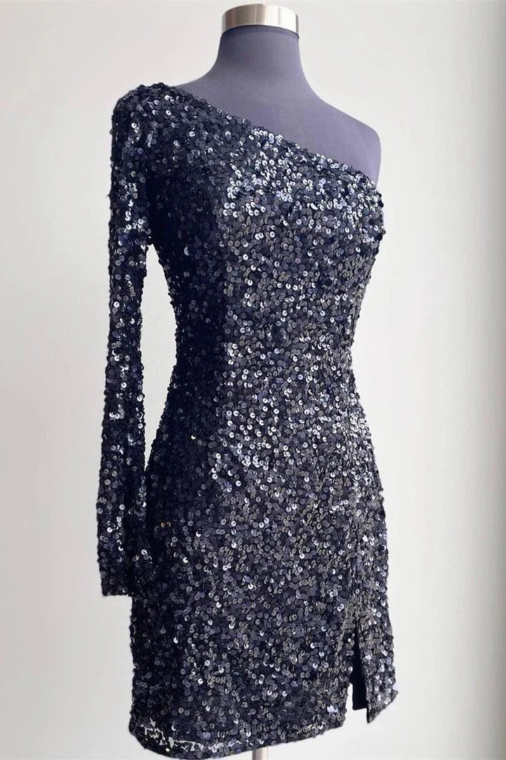 Black Bodycon One-Shoulder Sequins Mini Party Dresses