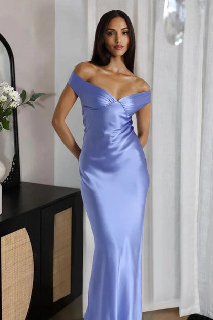 Aqua Off The Shoulder Sheath Satin Long Prom Dress