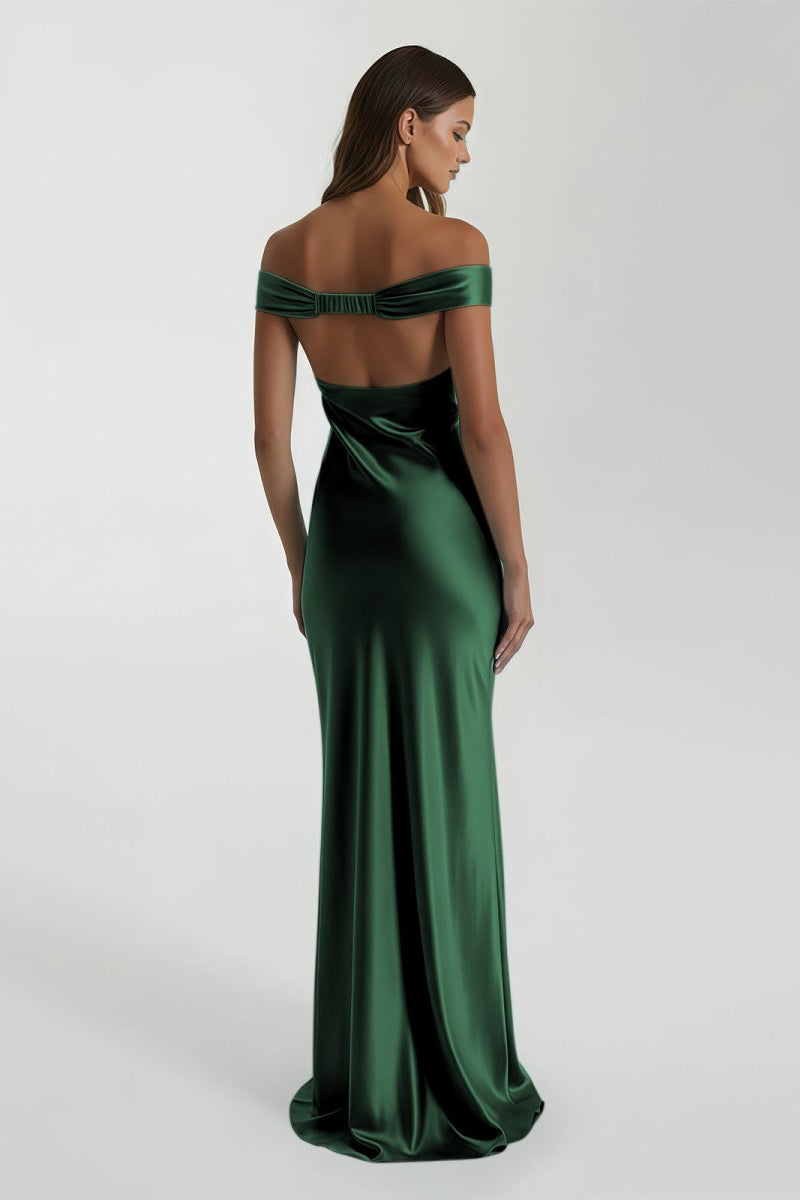 Aqua Off The Shoulder Sheath Satin Long Prom Dress