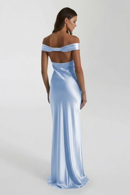 Aqua Off The Shoulder Sheath Satin Long Prom Dress