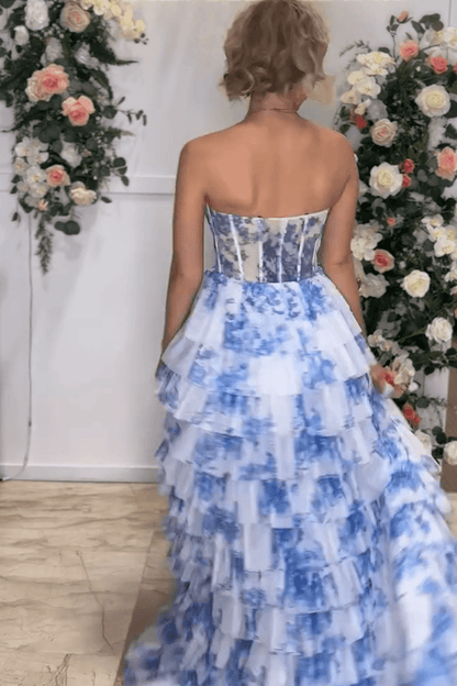 Blue Floral Printed Sweetheart Chiffon Tiered A-Line Long Corset Prom Dress