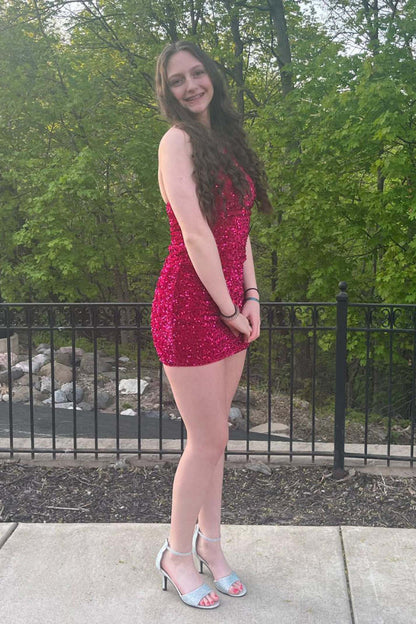 Black Tight Sequins One Shoulder Mini Party Dresses