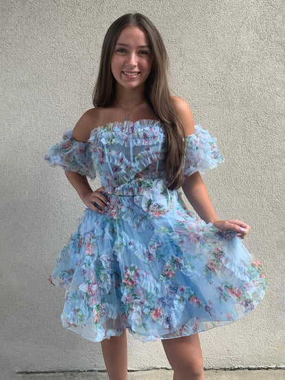 Blue - Off The Shoulder Floral Printed A Line Homecoming Dress With Ruffles
