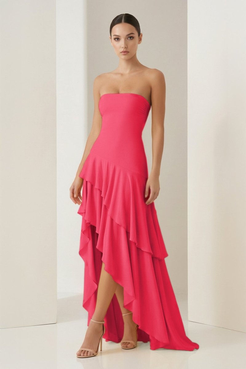 Blue Sheath Strapless Spandex High Low Long Prom Dresses with Ruffles