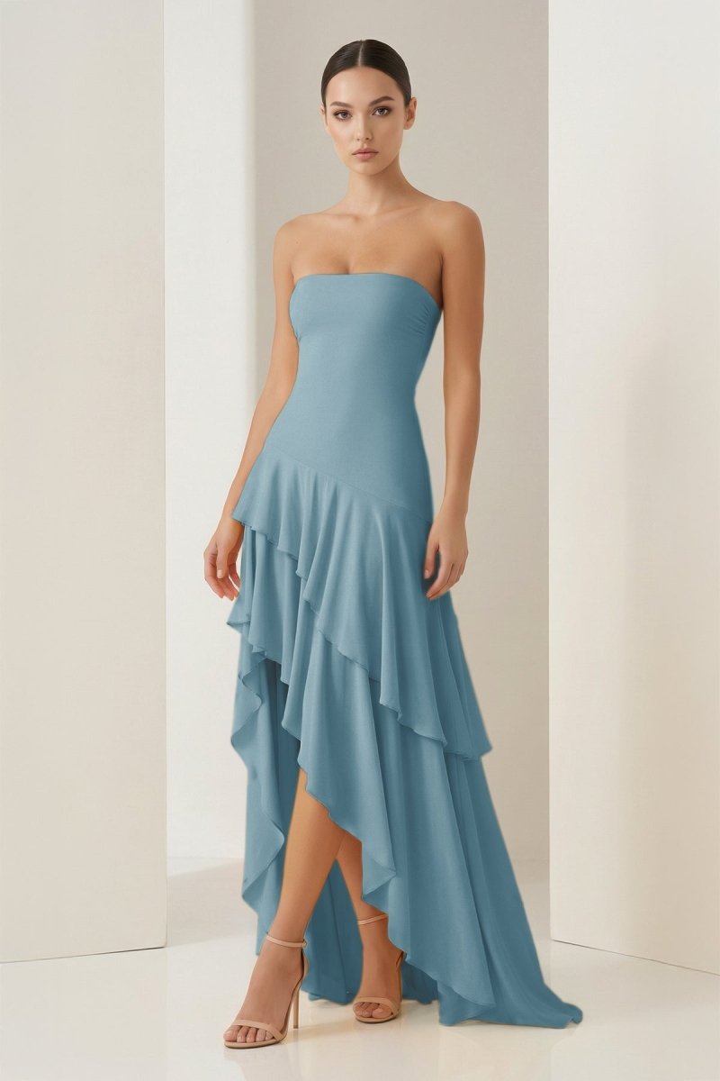 Blue Sheath Strapless Spandex High Low Long Prom Dresses with Ruffles