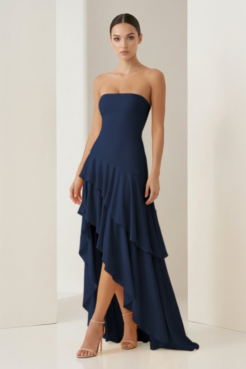 Blue Sheath Strapless Spandex High Low Long Prom Dresses with Ruffles
