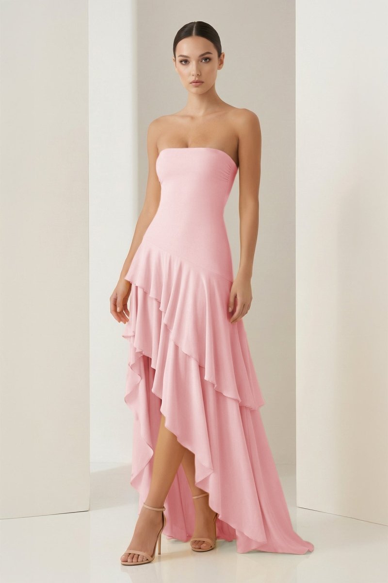 Blue Sheath Strapless Spandex High Low Long Prom Dresses with Ruffles