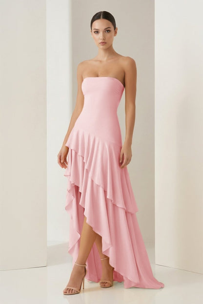 Blue Sheath Strapless Spandex High Low Long Prom Dresses with Ruffles