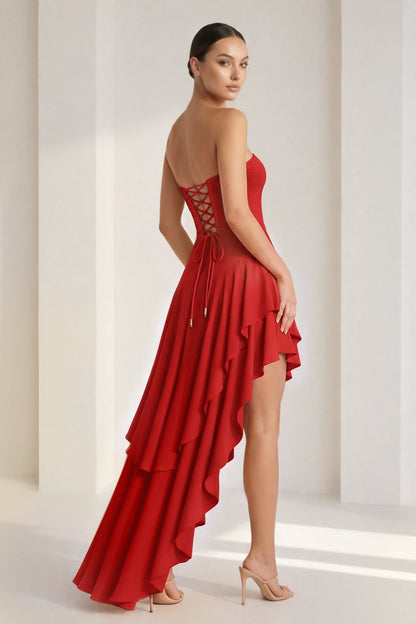 Blue Sheath Strapless Spandex High Low Long Prom Dresses with Ruffles