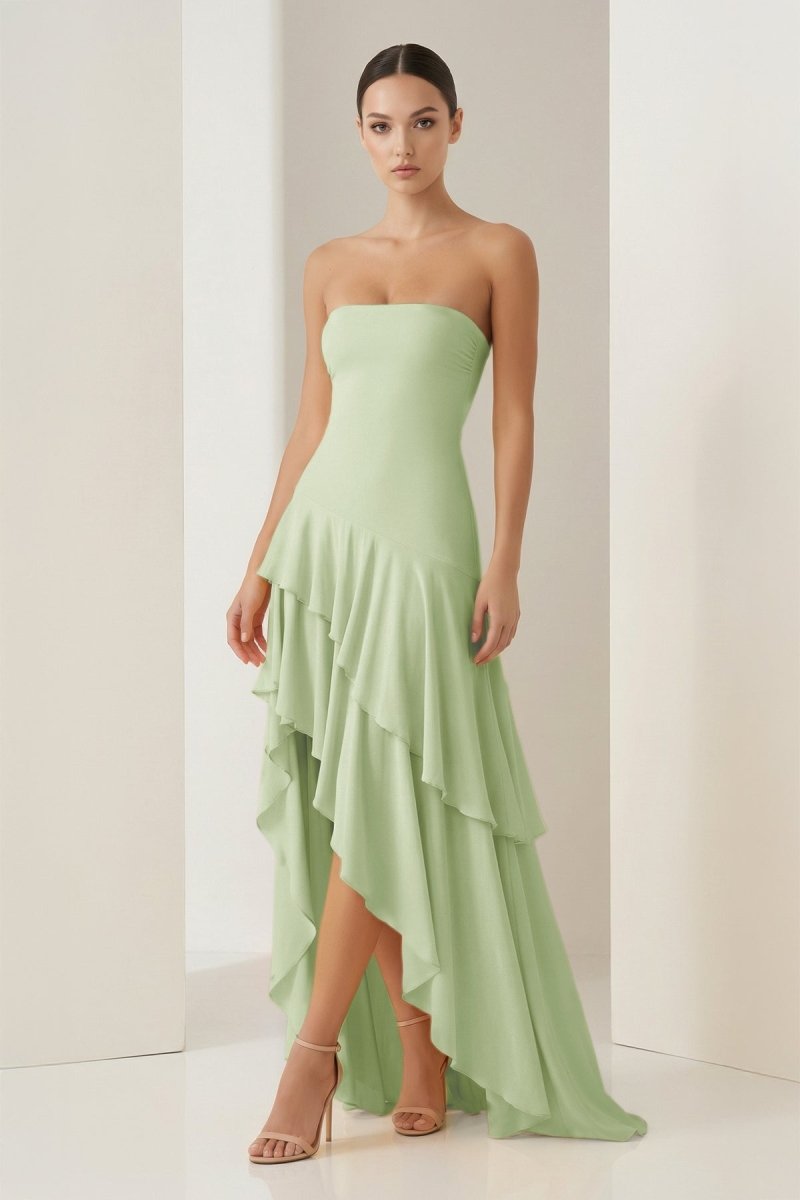 Blue Sheath Strapless Spandex High Low Long Prom Dresses with Ruffles