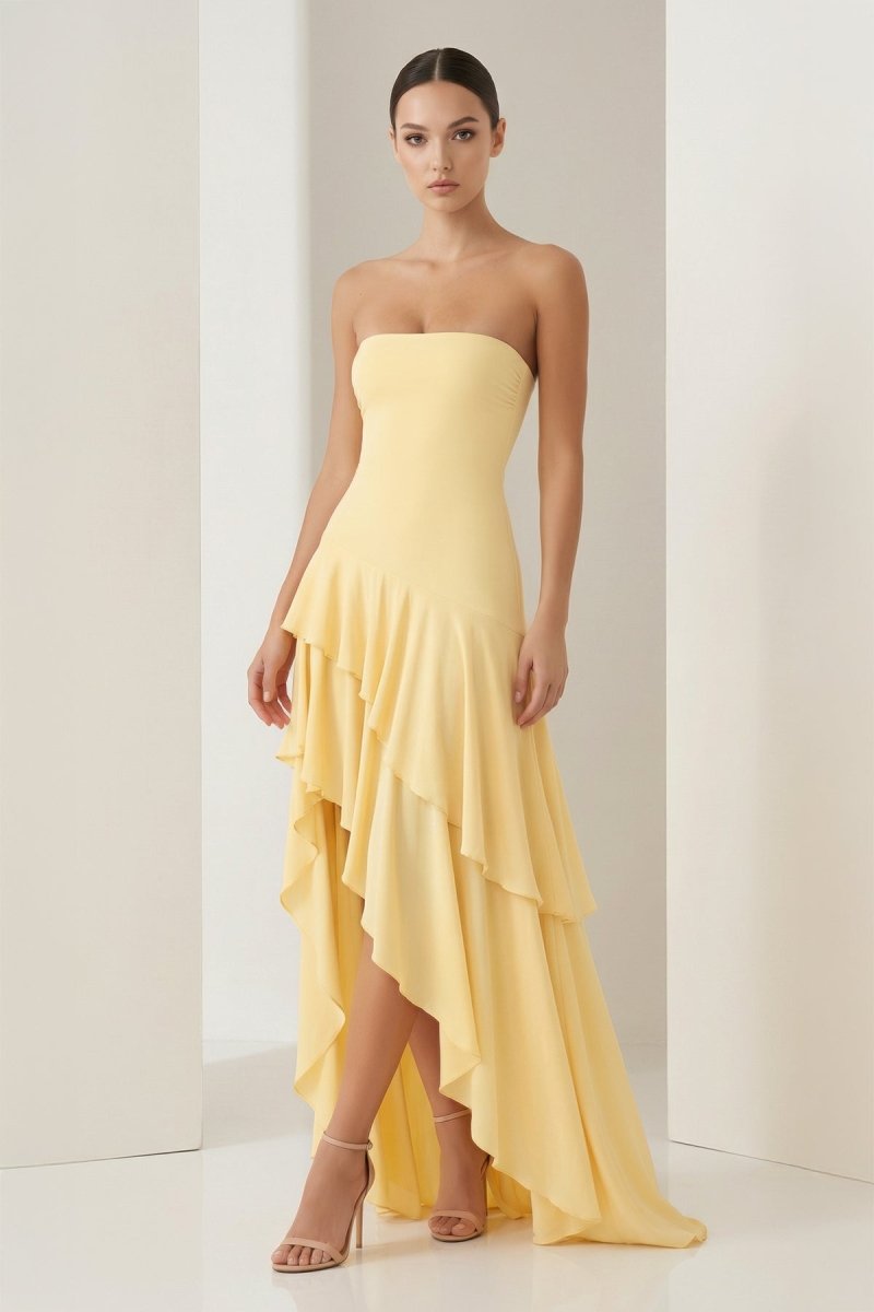Blue Sheath Strapless Spandex High Low Long Prom Dresses with Ruffles