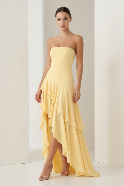 Blue Sheath Strapless Spandex High Low Long Prom Dresses with Ruffles