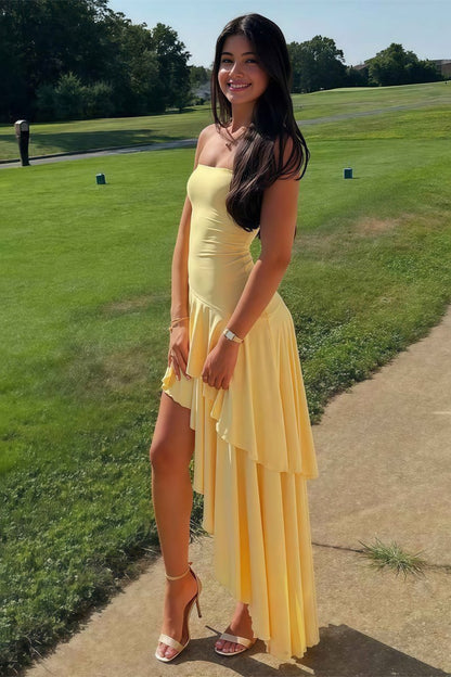Blue Sheath Strapless Spandex High Low Long Prom Dresses with Ruffles
