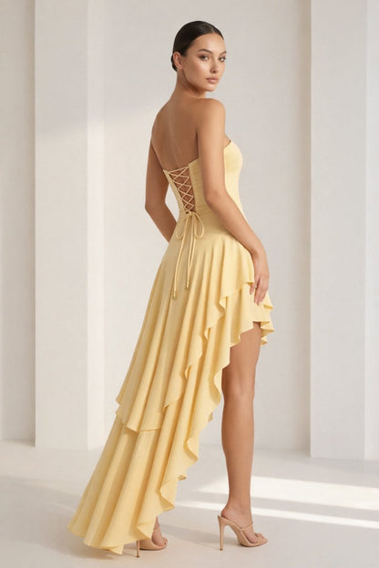 Blue Sheath Strapless Spandex High Low Long Prom Dresses with Ruffles