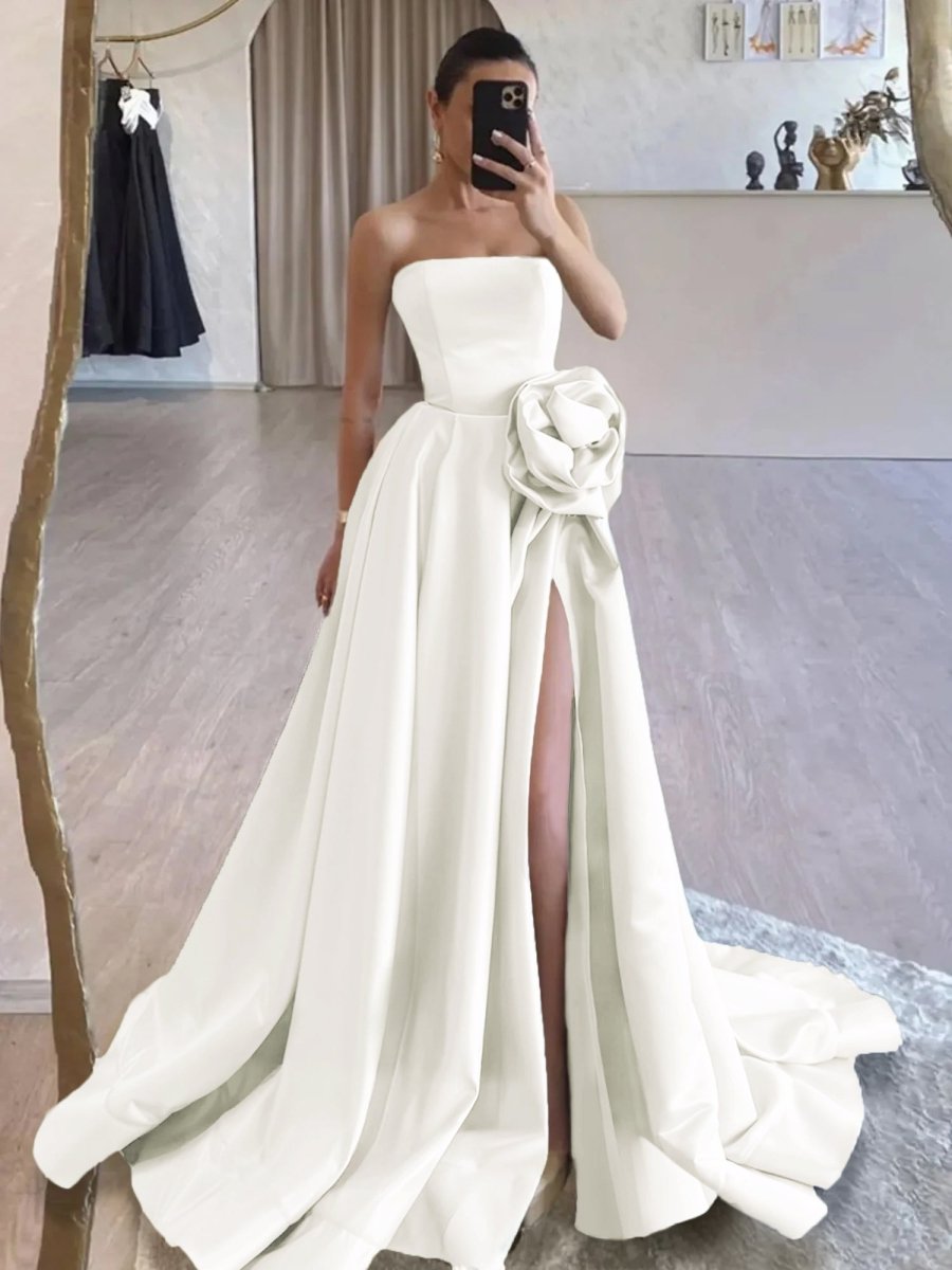 Black Strapless Satin Long Prom Dress With High Split