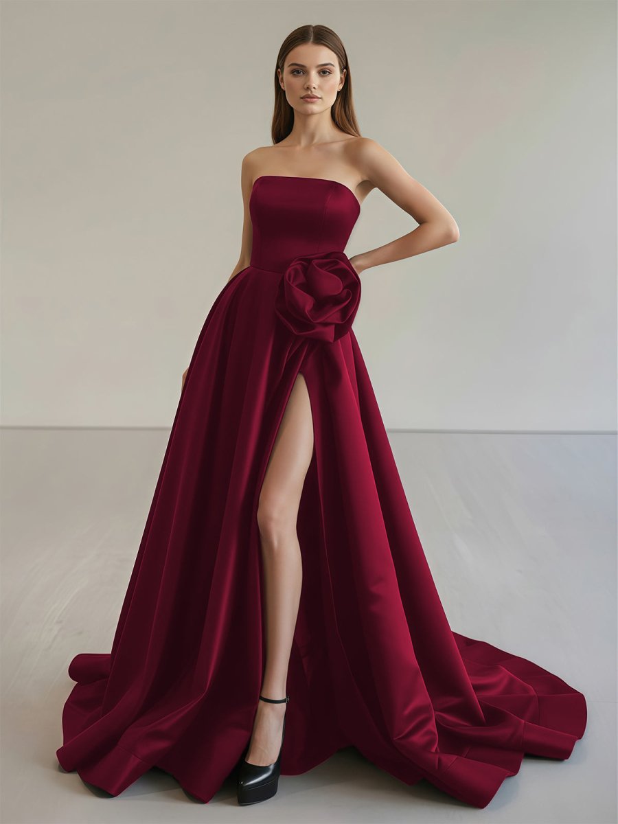 Black Strapless Satin Long Prom Dress With High Split